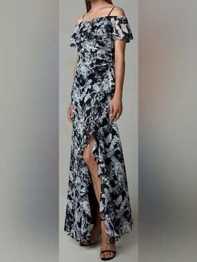 Cachet Floral Ruffled high Slit Dress off shoulder black ivory wedding party 6